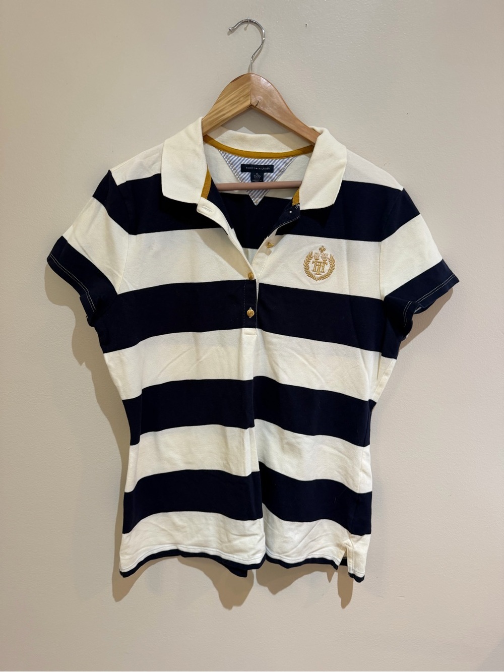 TOMMY HILFIGER USA Gold Crest Logo Striped fitted Polo Tee Shirt women's XL